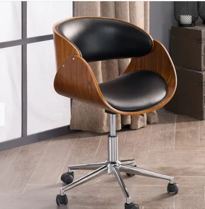 Mid-century Modern Office Chair Adjustable Black Upholstered Swivel Wood Metal