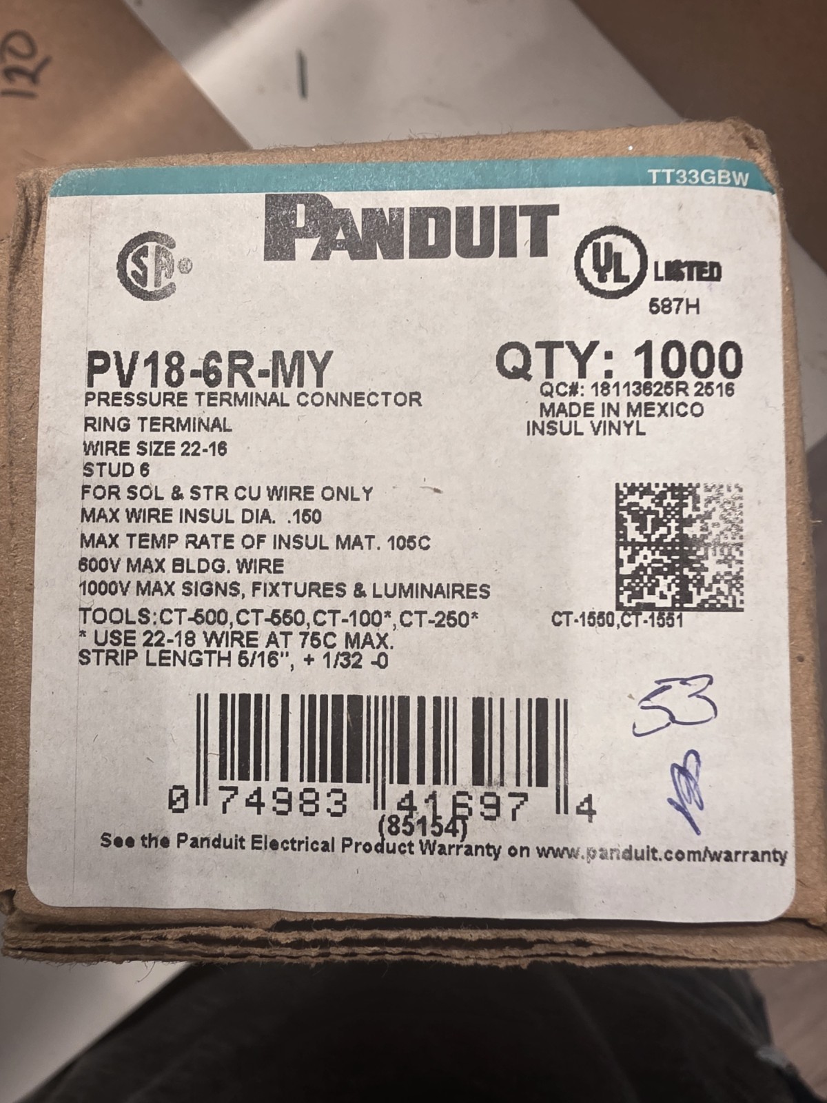 (1000PCS) PANDUIT PV18-6R-MY PRESSURE TERMINAL CONNECTOR