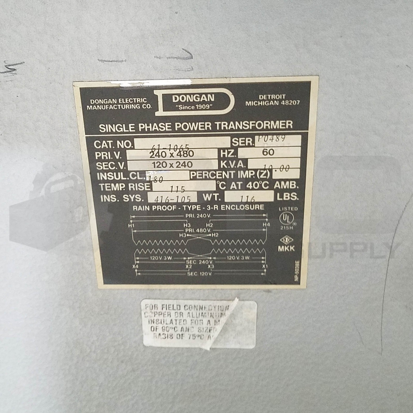 DONGAN 61-1065 TRANSFORMER 10KVA 60HZ 480V