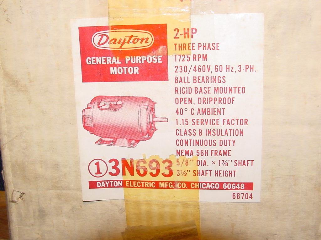 Dayton 3N693, AC Motor, 2HP, 230/460V, 1725RPM, 3 Phase, 60Hz, 58H Frame, NEW
