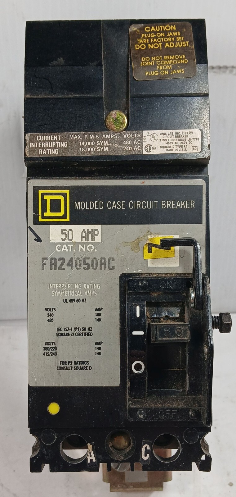 1 USED SQUARE D FA24050AC 50A MOLDED CASE CIRCUIT BREAKER ***MAKE OFFER***