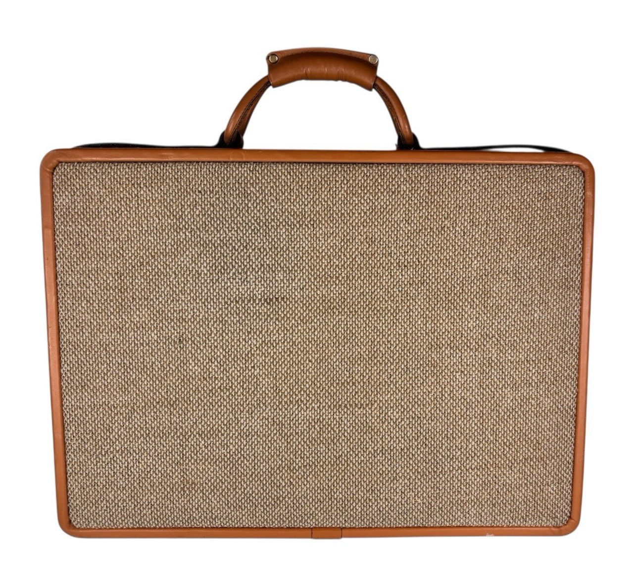 VINTAGE Jute Attaché Burlap Briefcase with Keys Leather Trim Brass Hardware