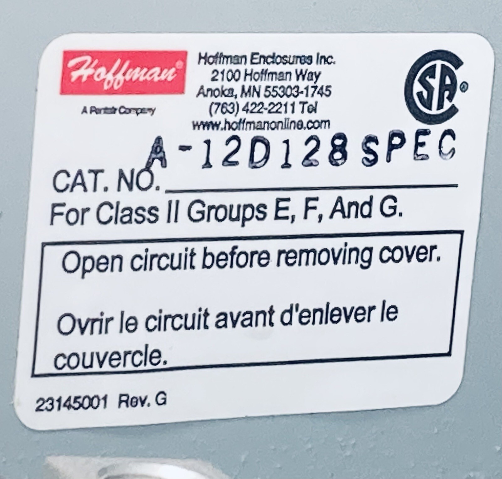 UNUSED HOFFMAN A12D128 ENCLOSURE NEMA TYPE 9 FOR HAZ. LOC. 12x12x8″ GRAY STEEL