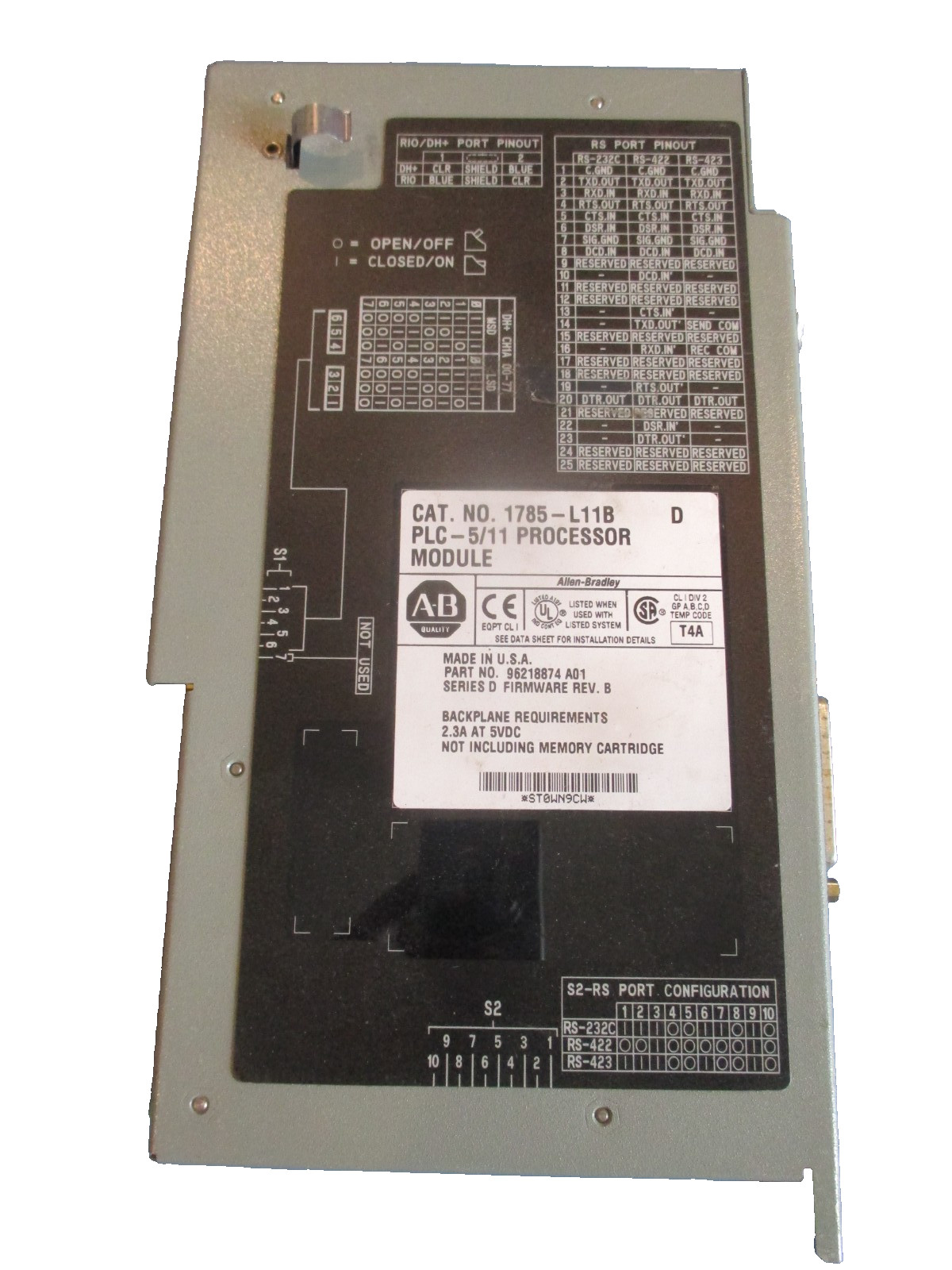 Allen Bradley PLC-5/11 Processor Module 1785-L11B/D 1785-L11B 96218874-A01