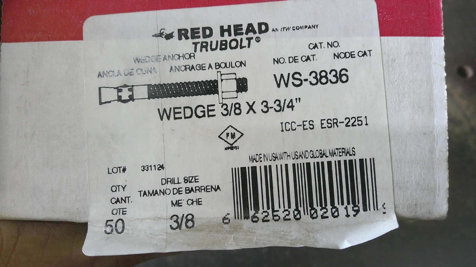 RED HEAD WS-3836 Wedge Anchor,3/8″-16,Steel,3/8 in,PK50 3A448