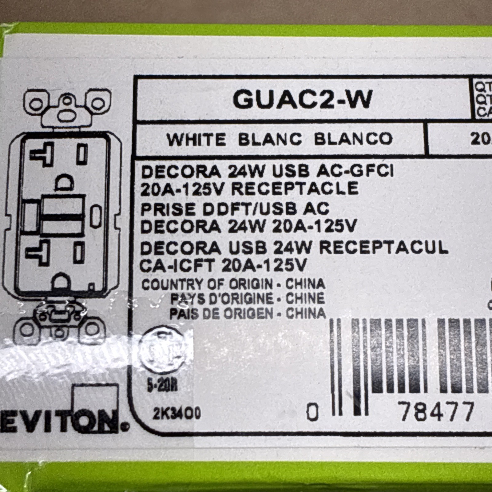 Leviton GUAC2-W 20 Amp, 125 Volt, Tamper-Resistant GFCI Receptacle, White