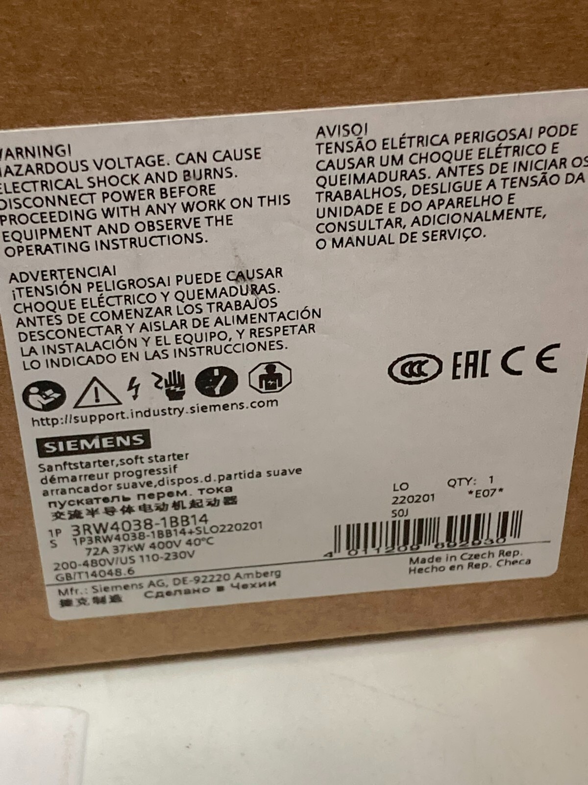 SIEMENS 3RW4038-1BB14 SIRIUS SOFT STARTER 110-230VAC/DC SPRING-TYPE NIB