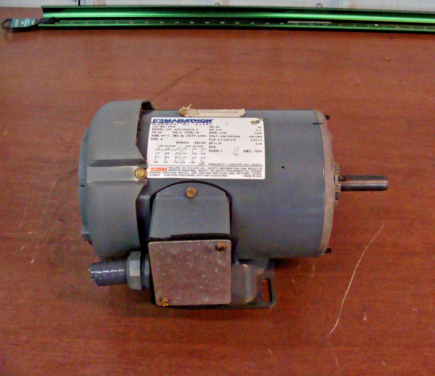 MARATHON G329 MOTOR MODEL CVJ 3/4 HP 3 PH 208-230/460V 2.7-2.8/1.4 A 1725 RPM