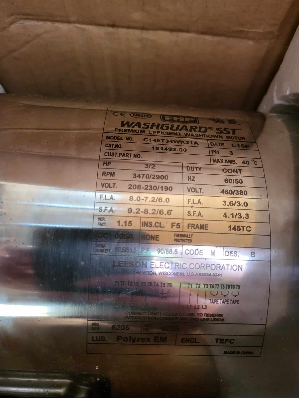 NSOP Leeson C145T34WK21A Motor 191492.00 3HP 3PH 3470RPM 208-230/460V AC 145TC