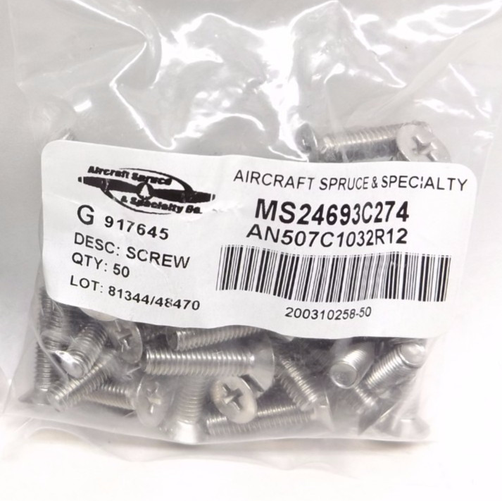 Bag of 50 AS &S MS24693C274 Stainless 10–32X3/4 Machine Screw Non – Structural