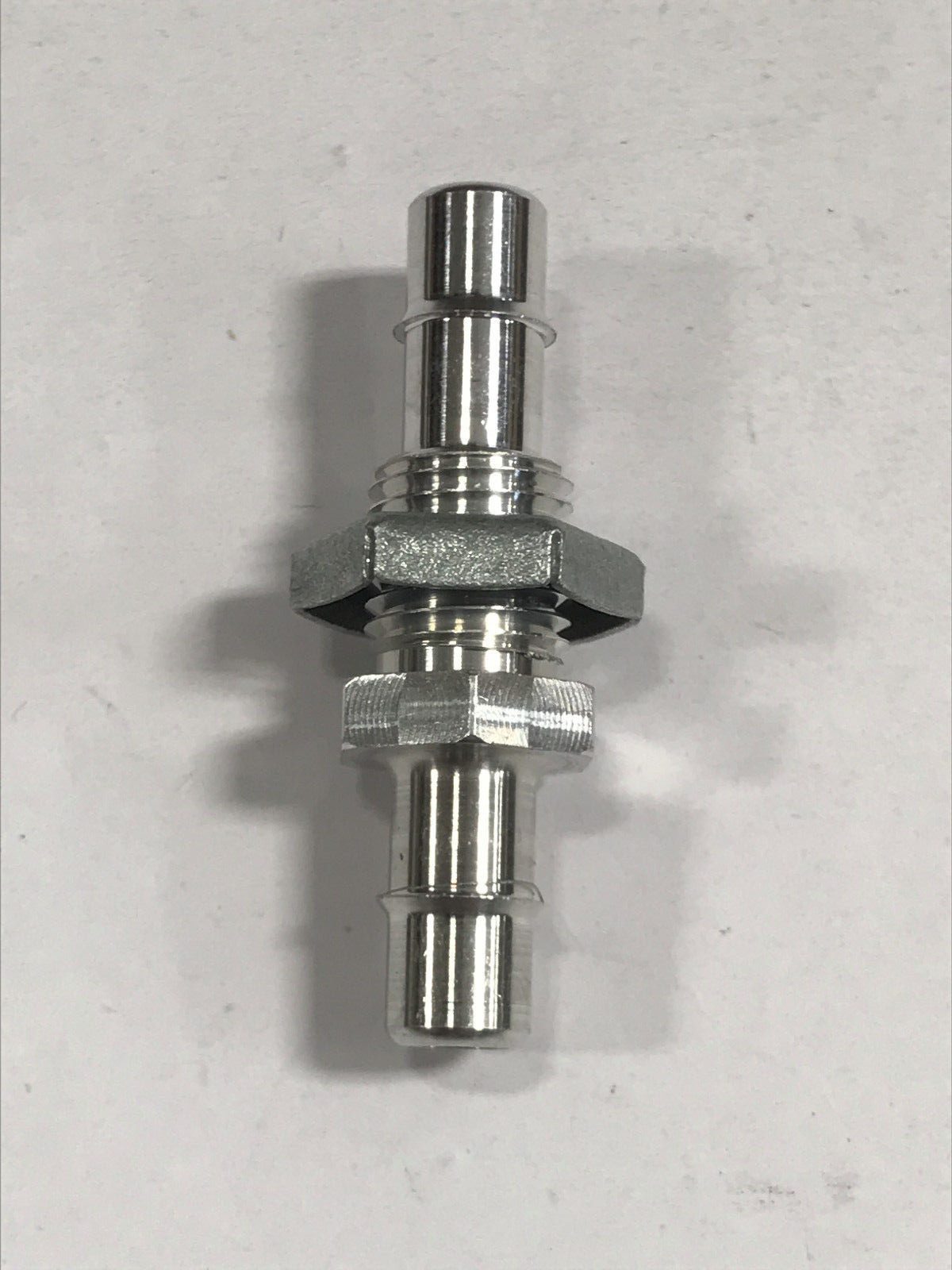 Aluminum bulkhead fitting 3/8-24 UNF thread to 1/4 ID tubing barb both ends