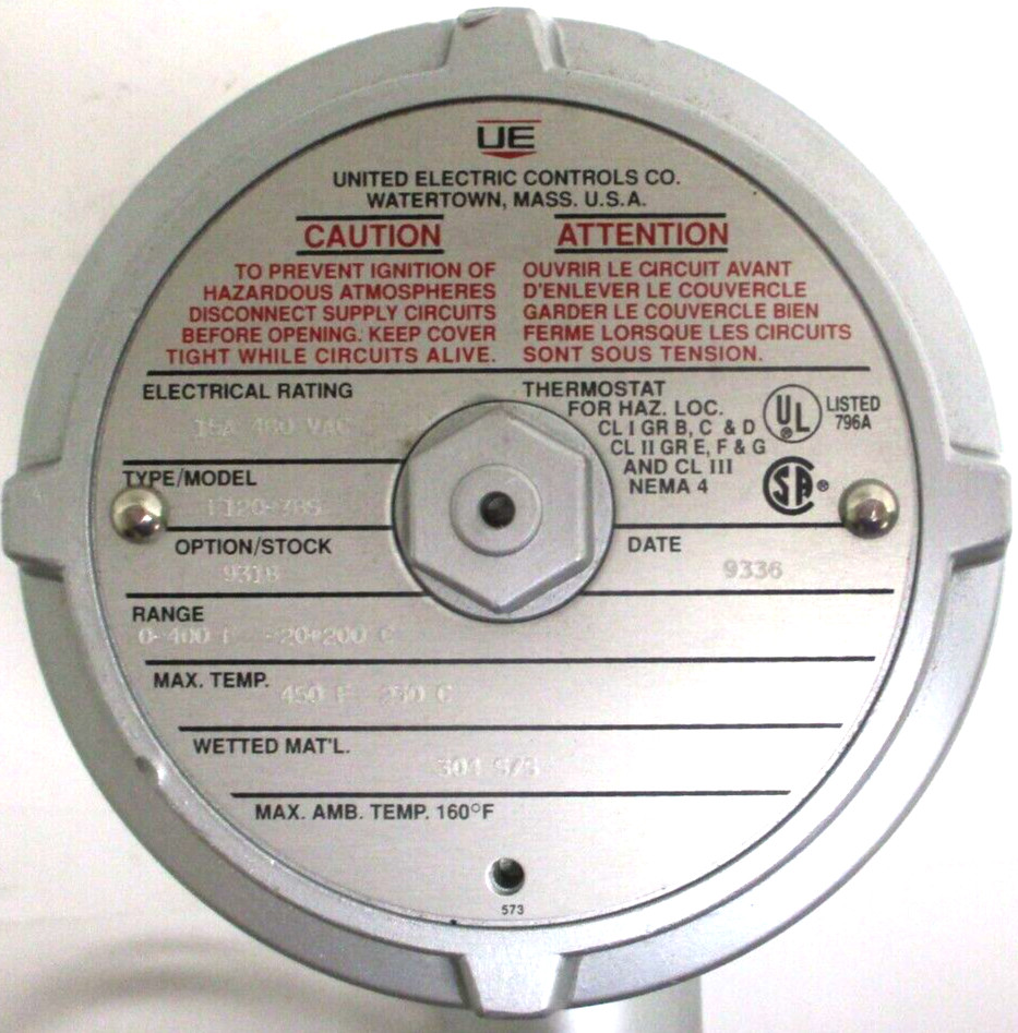 UNITED ELECTRIC CONTROL, F120-7BS, 15A 480 VAC, RANGE 0-400 F, (SILVER), SURPLUS