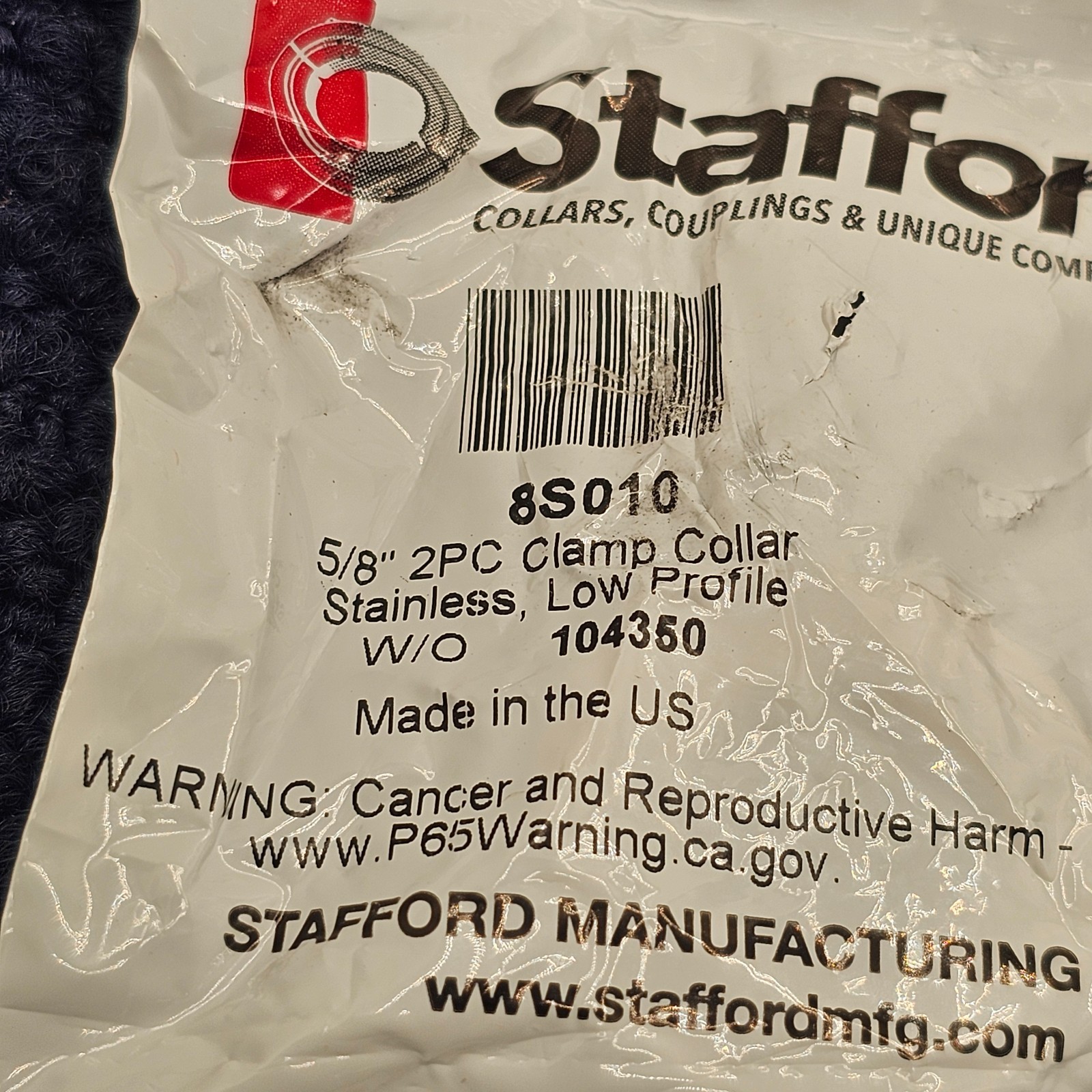 Stafford 8S010: 5/8″ Collar Clamp Stainless Steel 2 Piece Low Profile W/o 104350