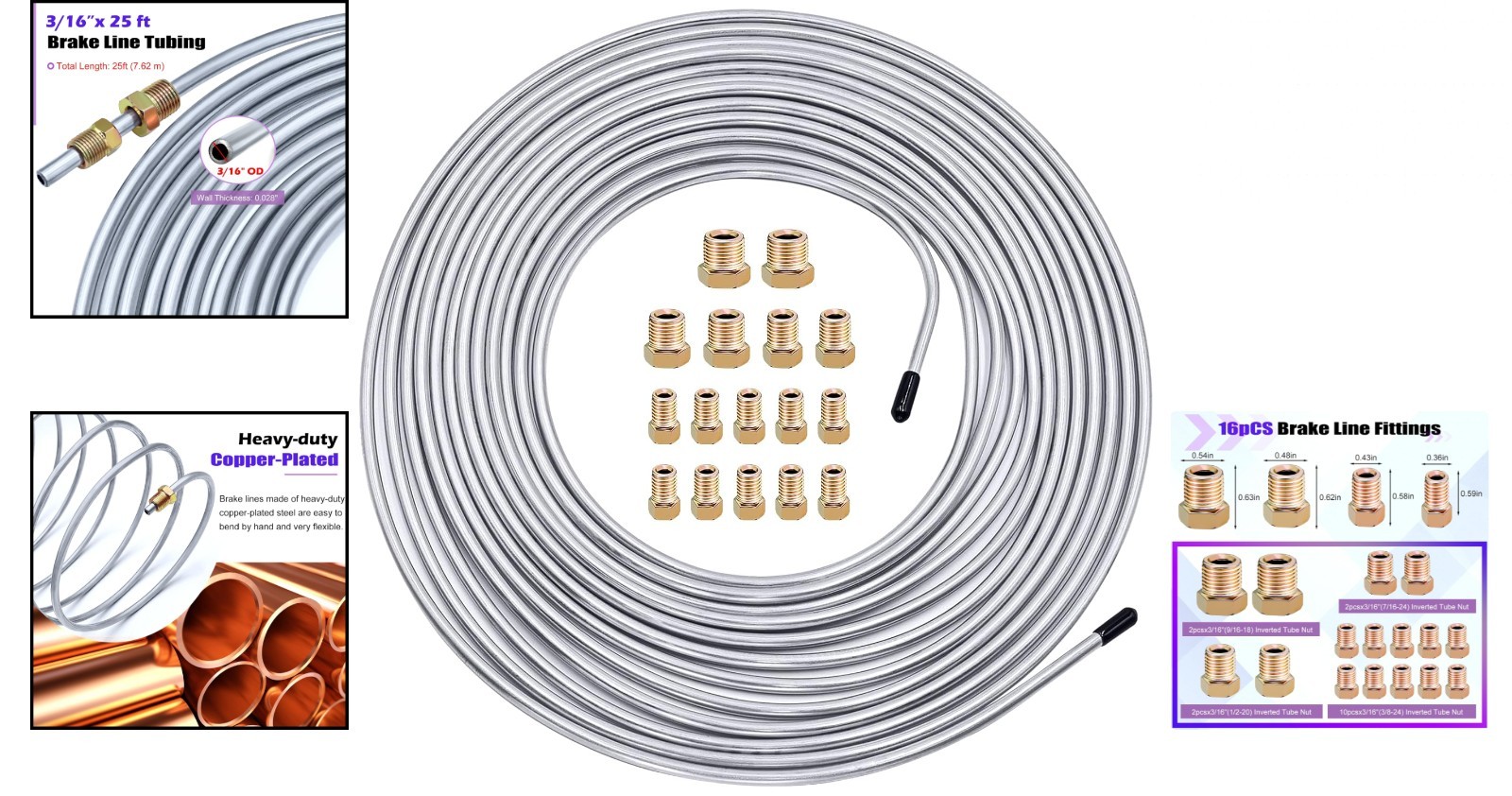 25 ft Copper Nickel Brake Line Kit with Fittings for Hydraulic Systems