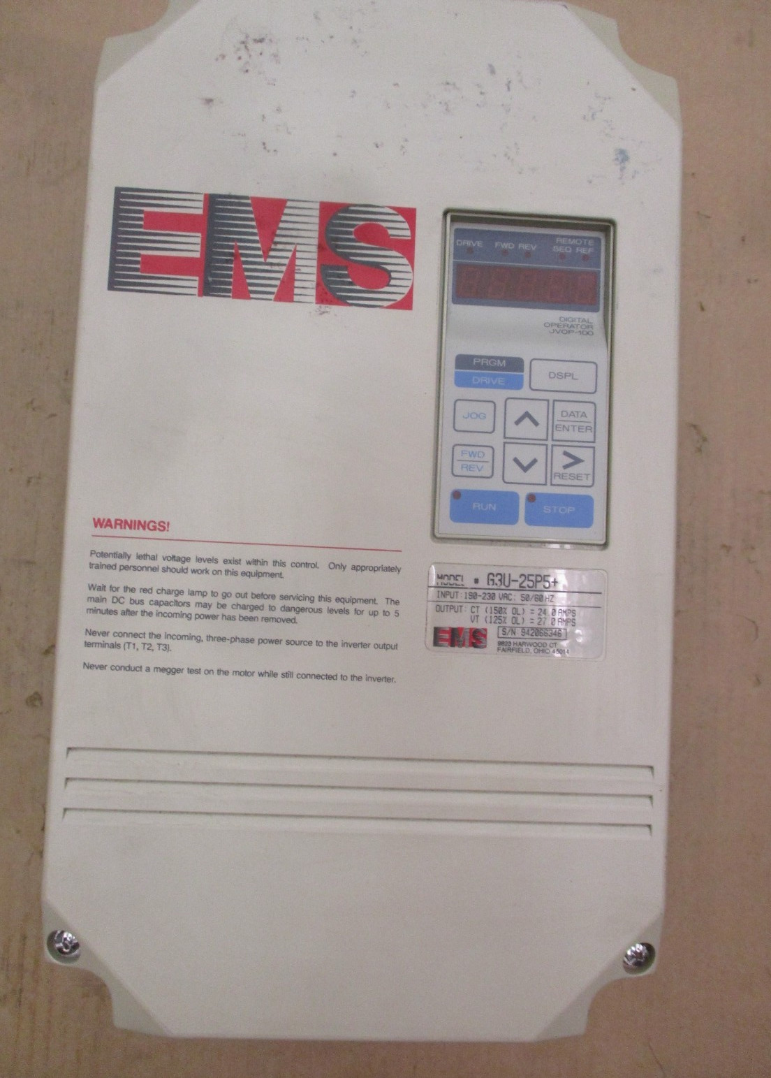 EMS Model G3U-25P5+ Input 190-230VAC Output 24.0/27.0 Amps 52694NADC