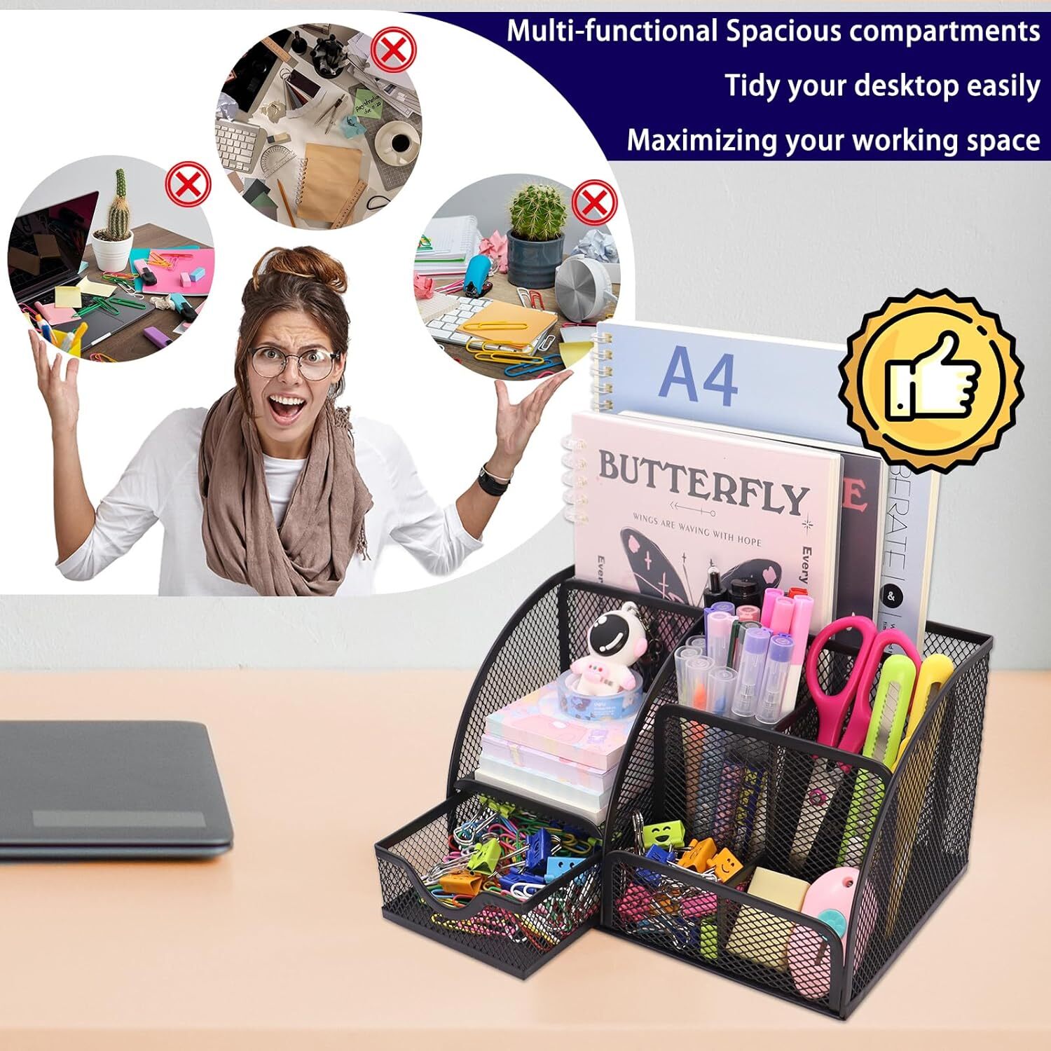 Mesh Desk Organizer Desktop Office Supplies Stationary with 6 Black