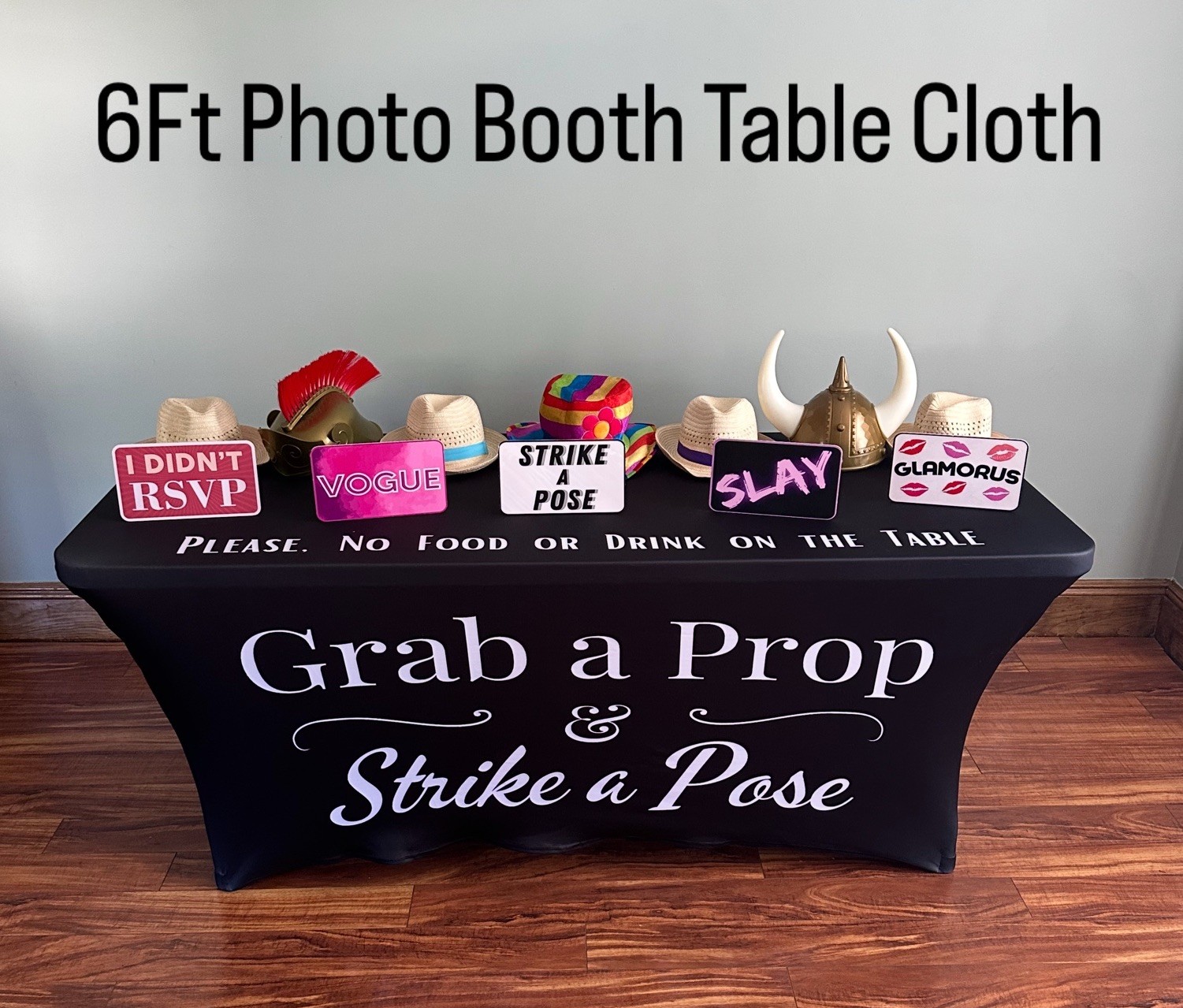 6ft Photo Booth Black Stretch Rectangle Tablecloth “Grab a Prop”
