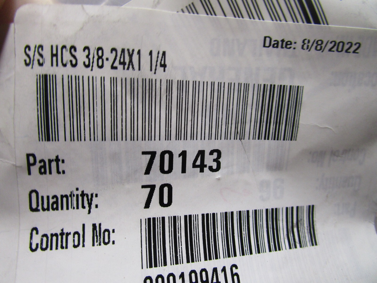 3/8″-24 x 1-1/4″ ASTM F593 18-8 Stainless Steel Hex Cap Screw QTY 70