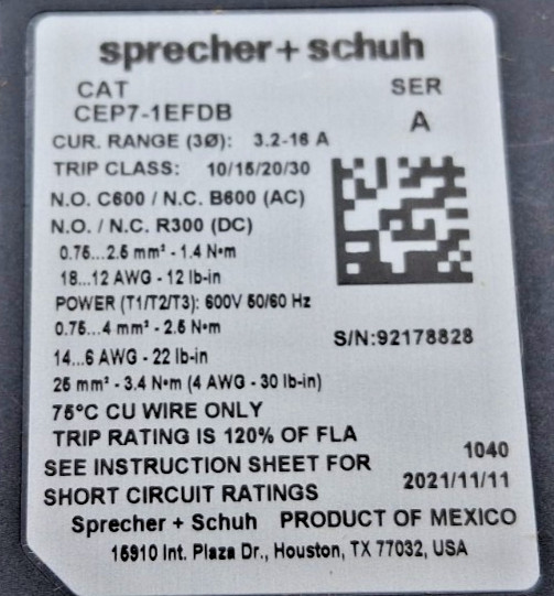 Sprecher & Schuh CEP7-1EFDB Overload Relay