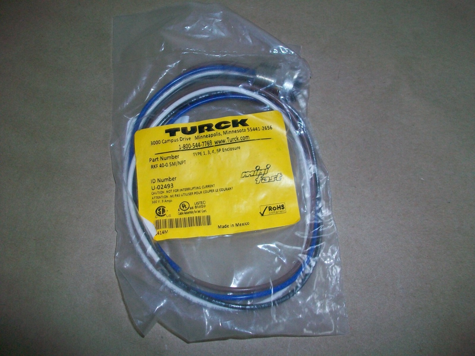 Turck Bulkhead Cordset RKF 40-0.5M/NPT U-02493 4 POLE NEW