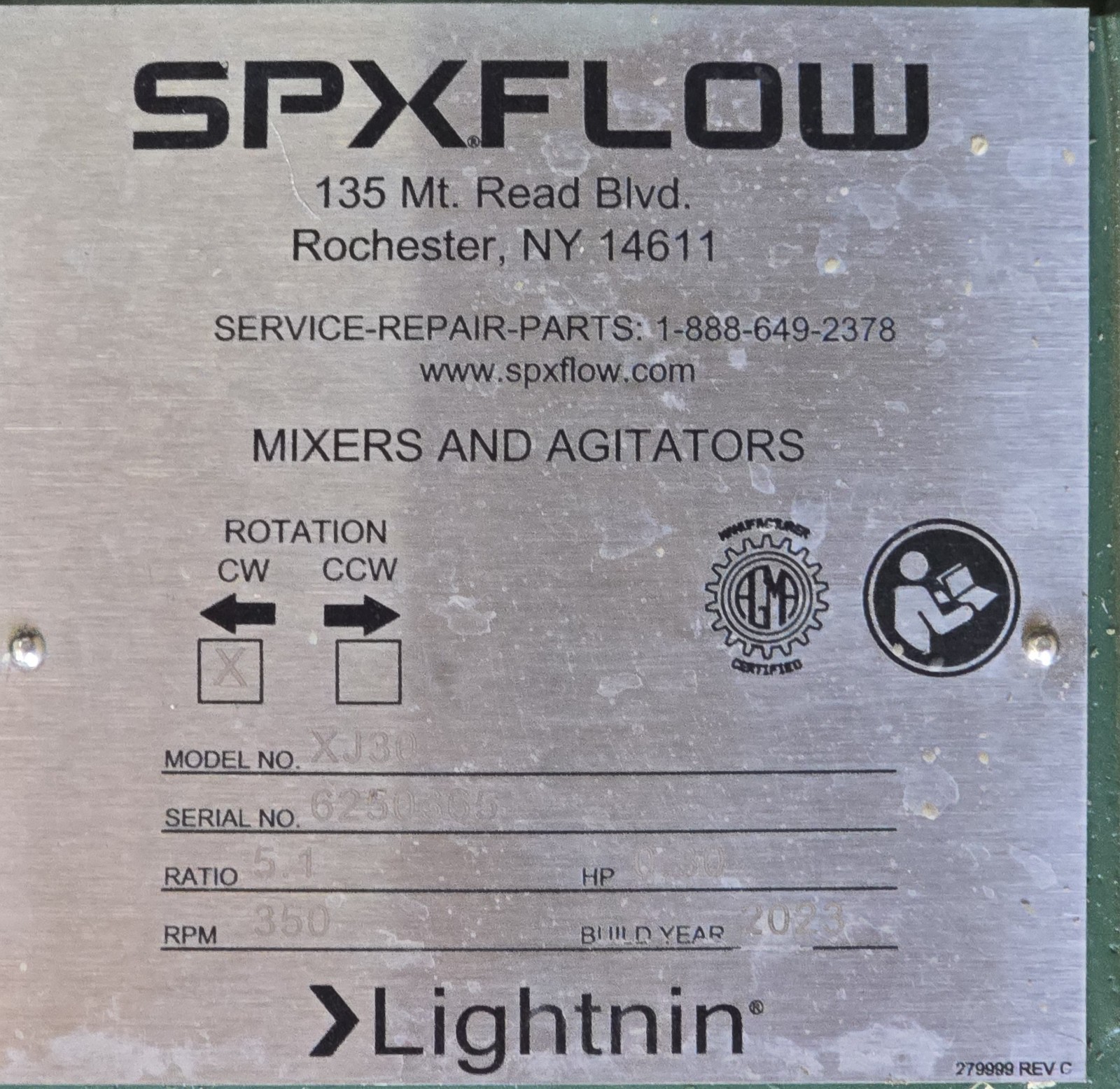 SPX FLOW Lightnin XJ30 Mixer CW Rotation 230/460V MFD 2023