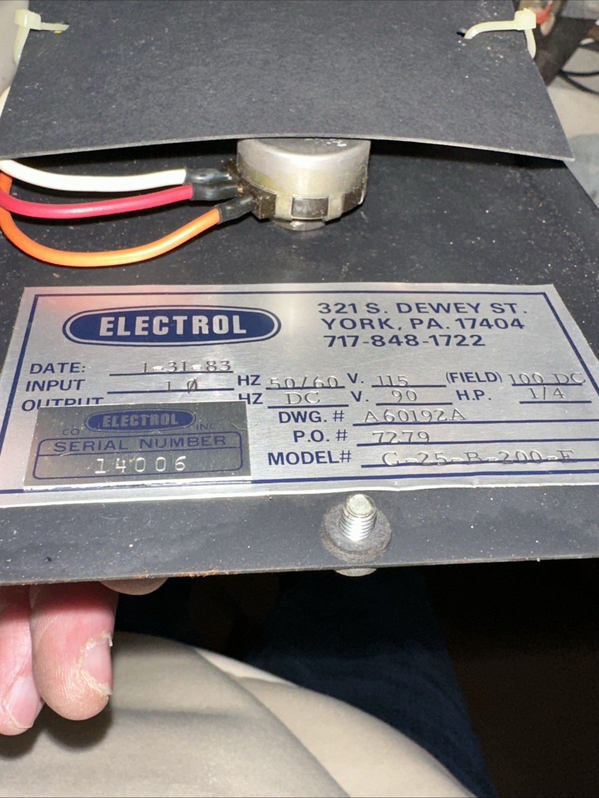 New Electrol C-25-B-200 Electric Motor Speed Control NOS