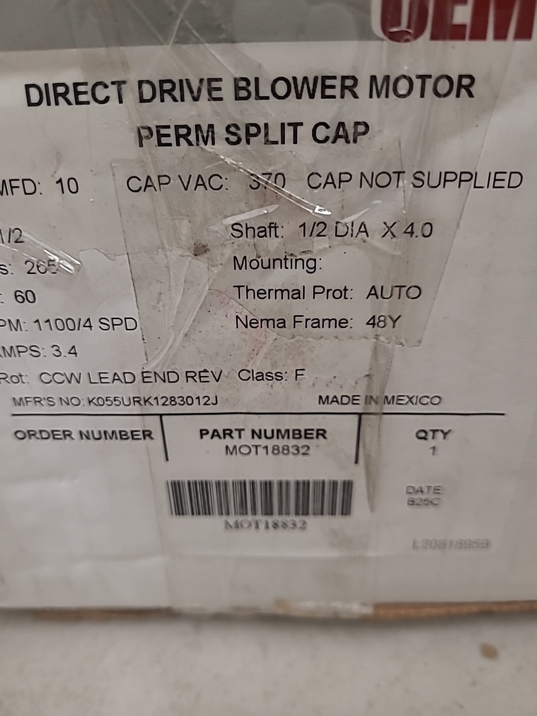 Trane MOT18832 265V 1/2HP 1100 RPM 4 SPDMotor