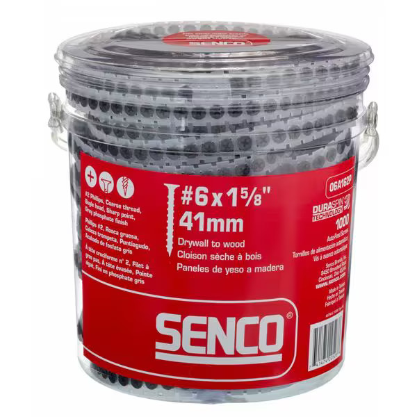 Senco Drywall Screw, No 6 x 1-5/8 in, Steel, Flat Head Phillips Drive, 1000 PK