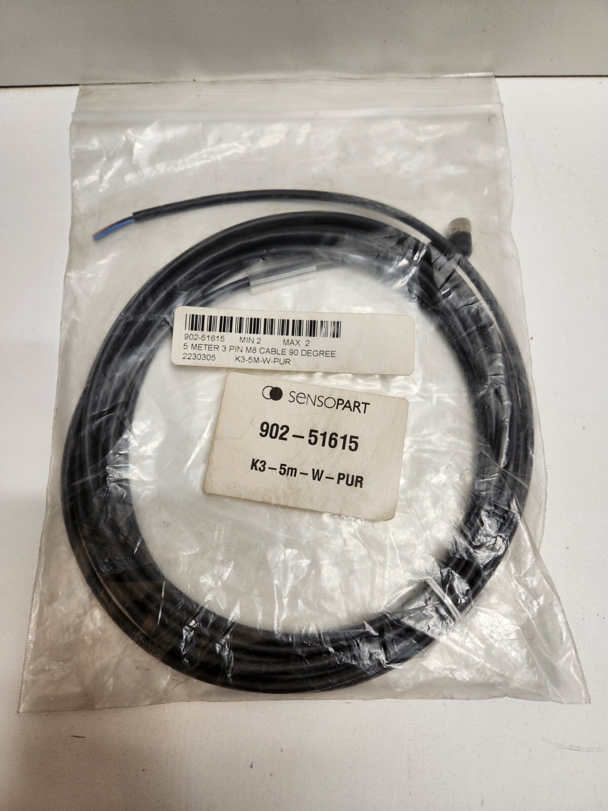 NEW OLD STOCK! SENSOPART 5M 3P M8 CABLE K3-5M-W-PUR 902-51615