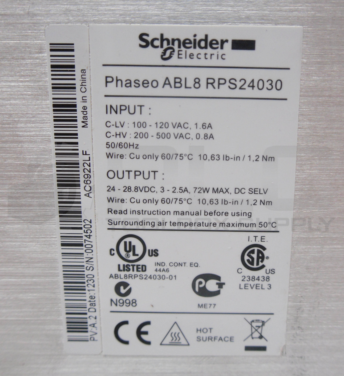 SCHNEIDER ELECTRIC ABL8RPS24030 POWER SUPPLY 24-28.8VDC 3-2.5A 72W