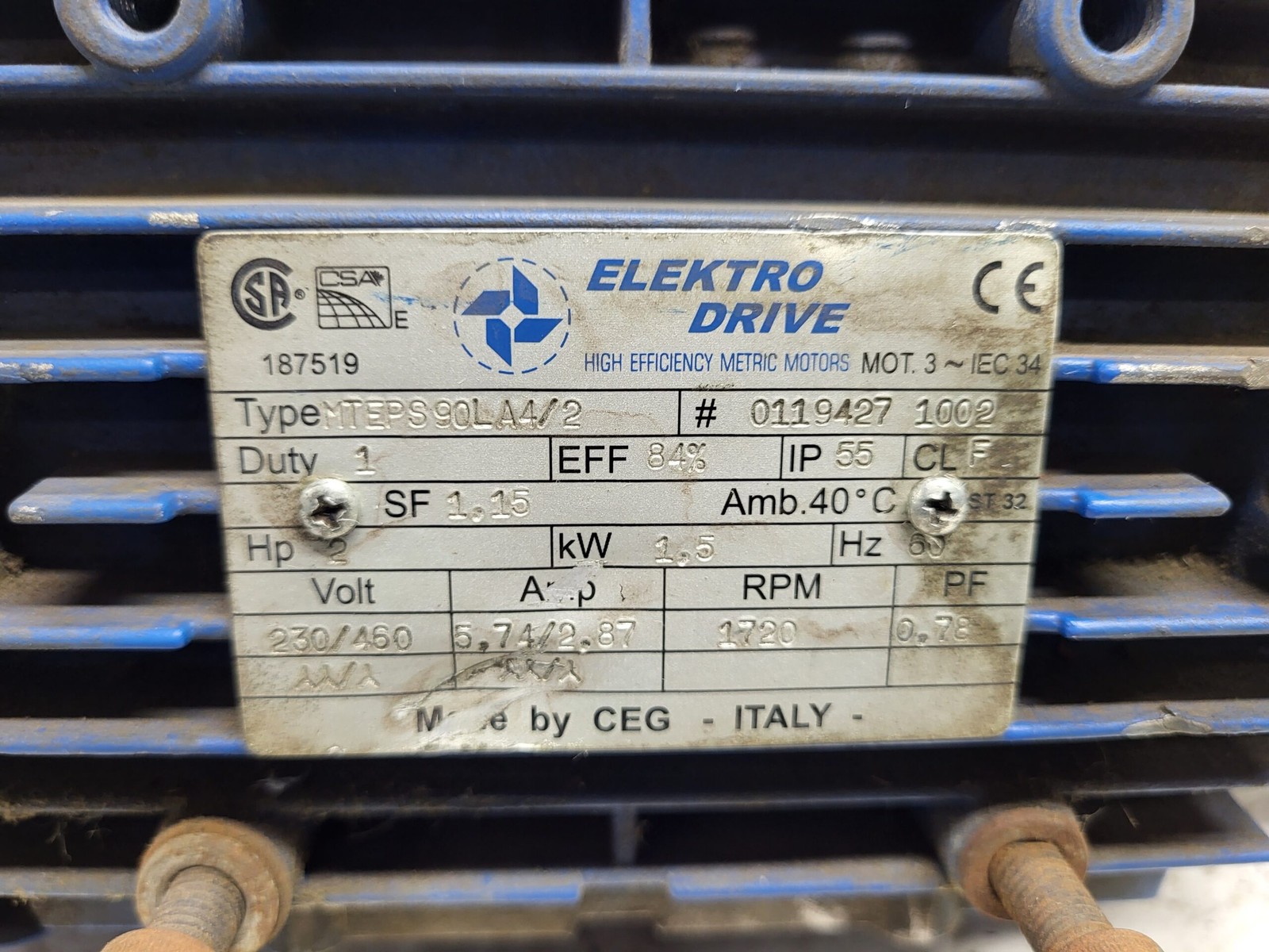 CEG ELEKTRO DRIVE MTEPS90LA4/2 MOTOR 2HP 1.5kW 1720RPM w/ BRUSH HEAD