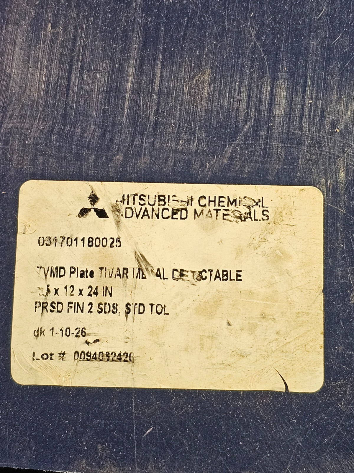 Mitsubishi 031701180025 Quadrant Metal Detectable TIVAR Plate 2x12x 24in