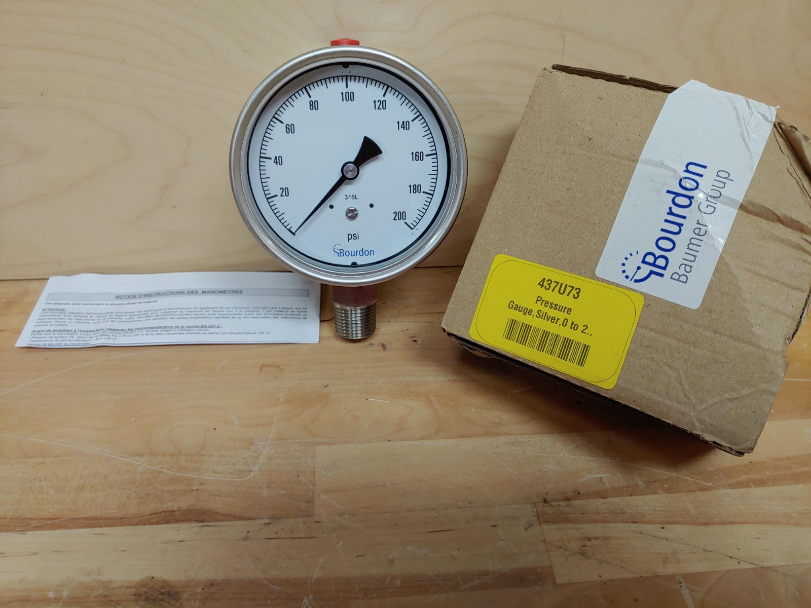 BOURDON MEX5-D60.H23 Pressure Gauge,Silver,0 to 200 psi Range 437U73