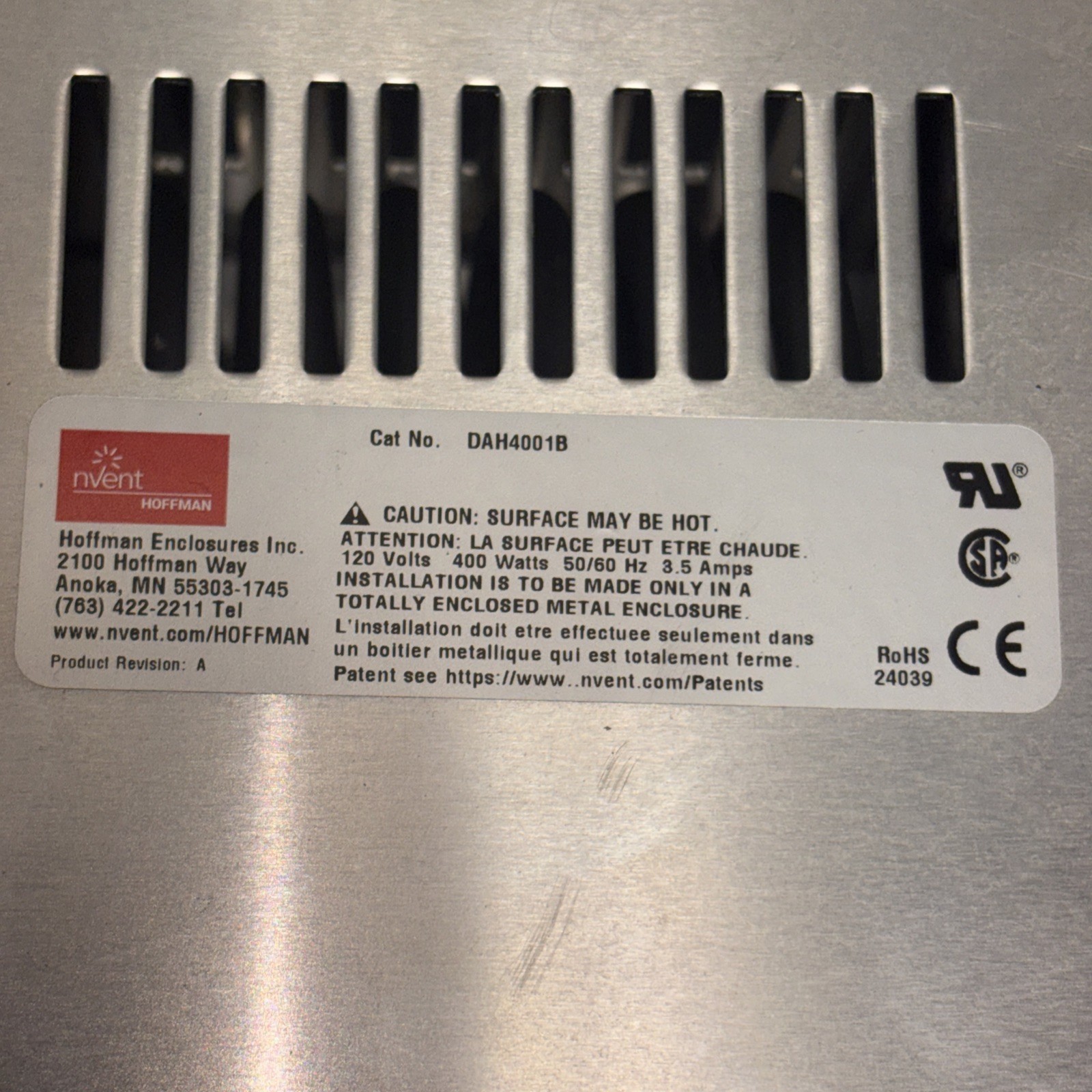 Hoffman DAH4001B Electric Heater 400W 115V 50/60Hz Aluminum