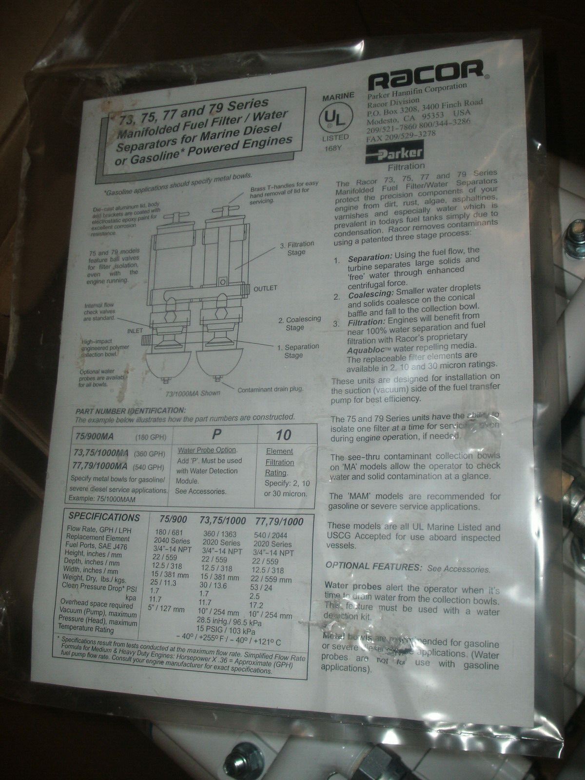 PARKER RACO 771000MA30 FUEL FILTER WATER SEPARATOR ASSEMBLY
