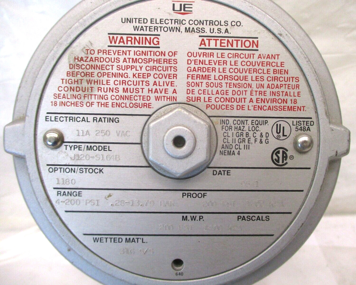 United Electric J120-S164B 4-200 PSI .28-13.79 BAR 1400kPA A7217WVS