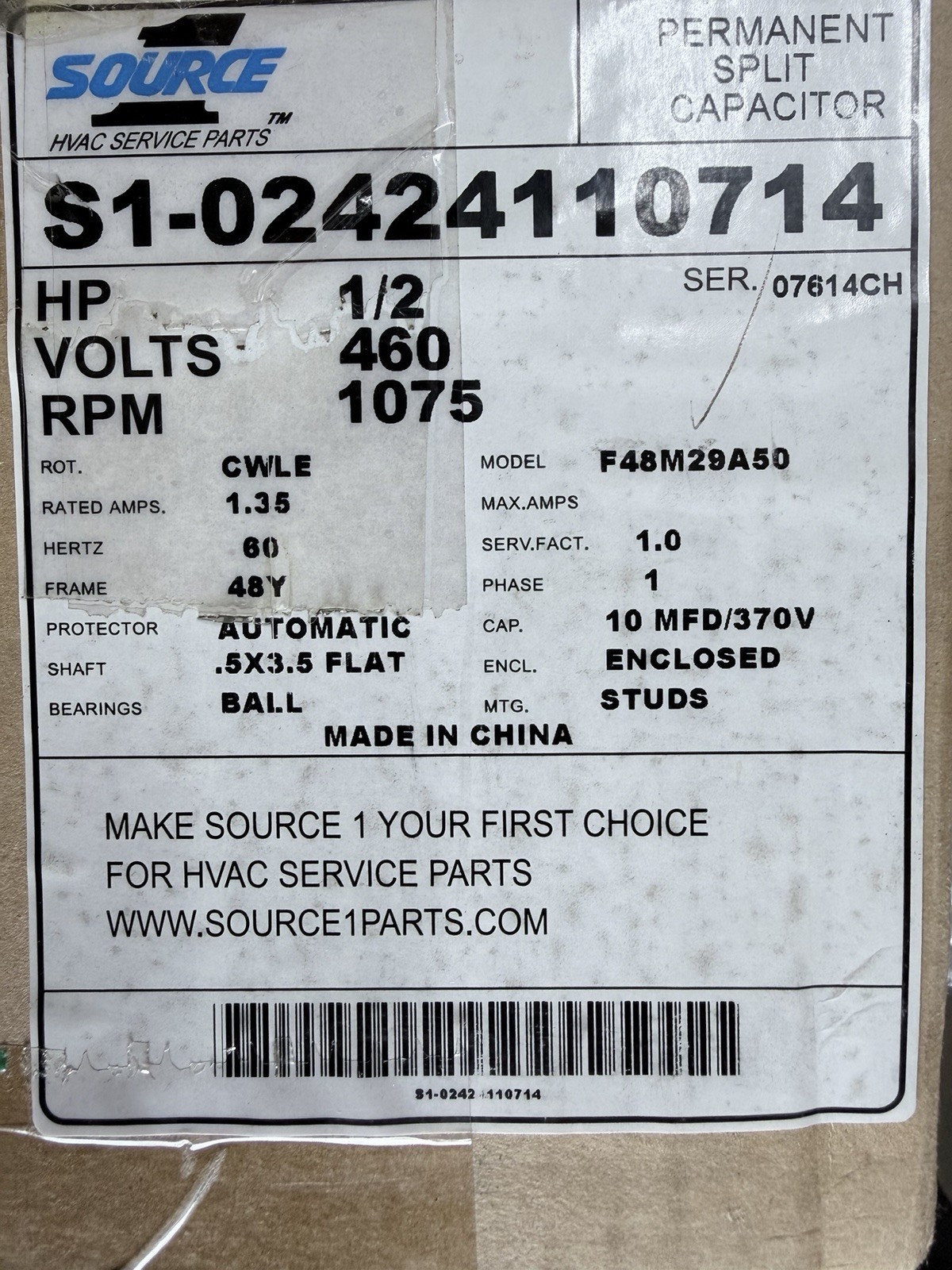 New S1-02424110714 1/2 HP 460V 1075 RPM Motor