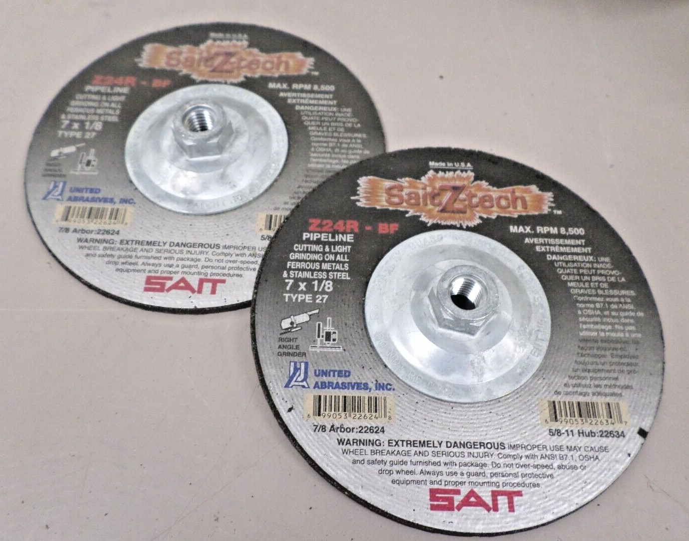 Lot of 2 – SAIT 22634 Z24R-BF 7 x 1/8 Type 27 Depressed Center Grinding Wheels