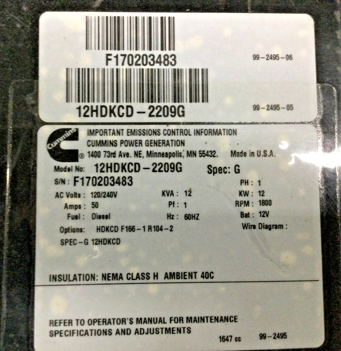 Cummins Onan 12HDKCD-2209G Commercial QD 12kW Diesel Generator 120/240V