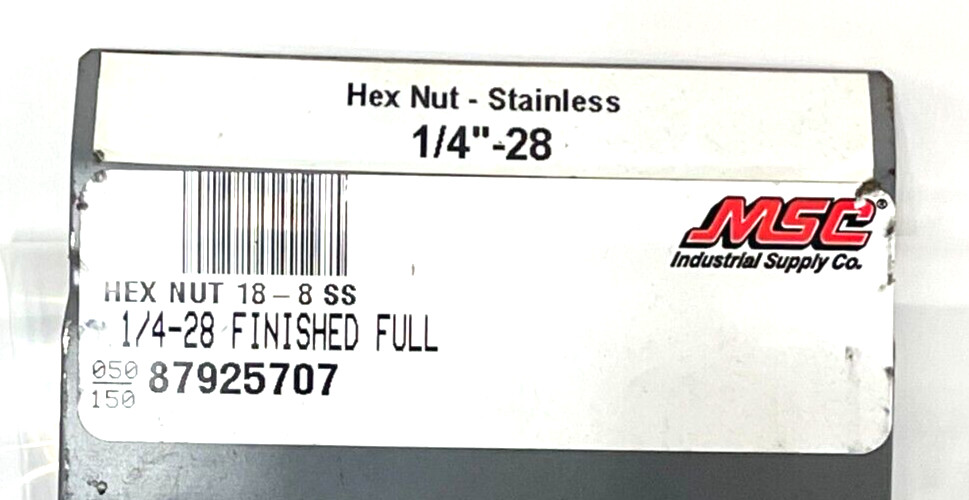 MSC 1/4-28 UNF STAINLESS STEEL RIGHT HAND HEX NUT *LOT F 77* 87925707