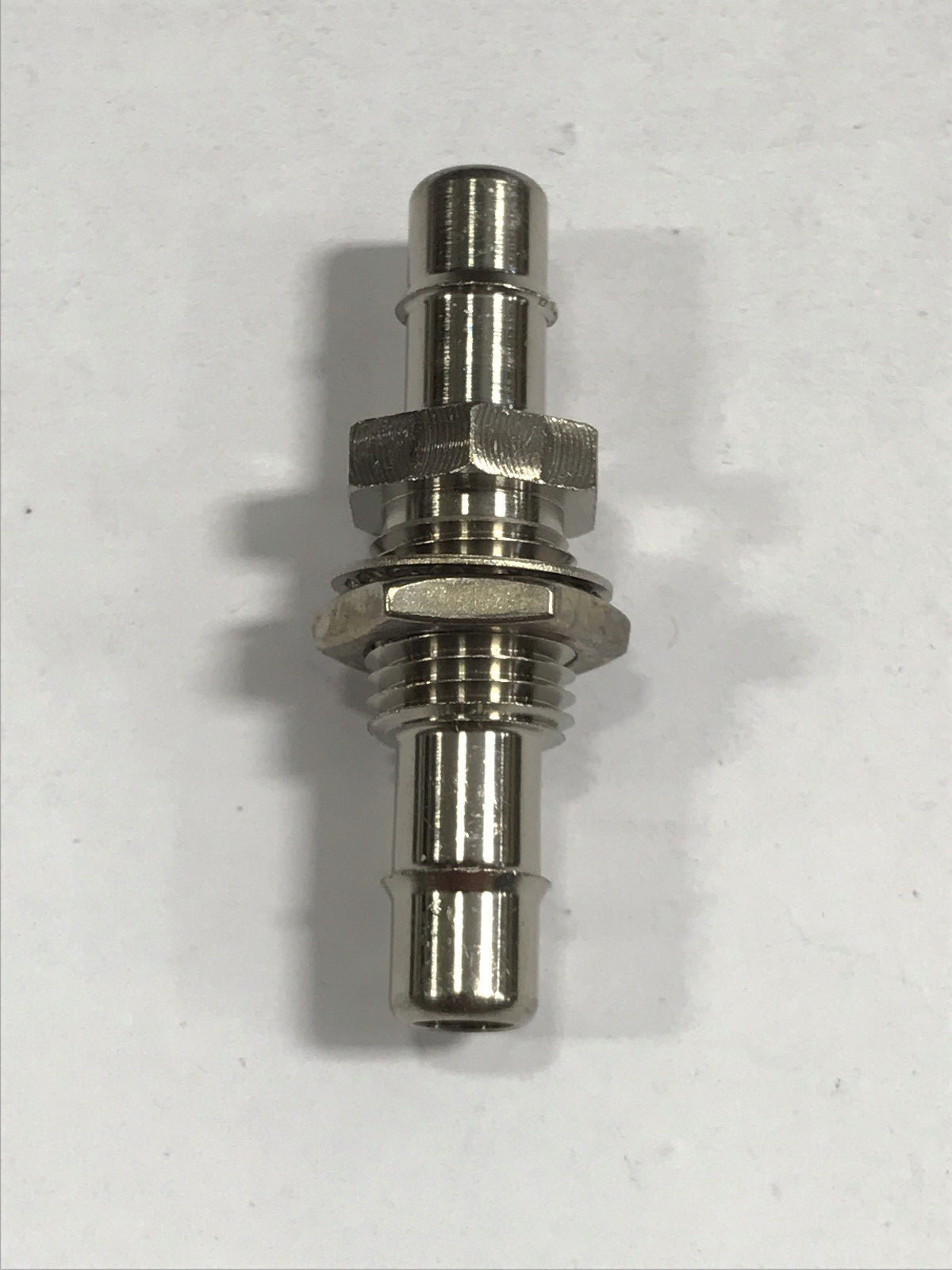 Nickel plated brass bulkhead fitting 3/8-24 UNF thread to 1/4 ID tubing barb