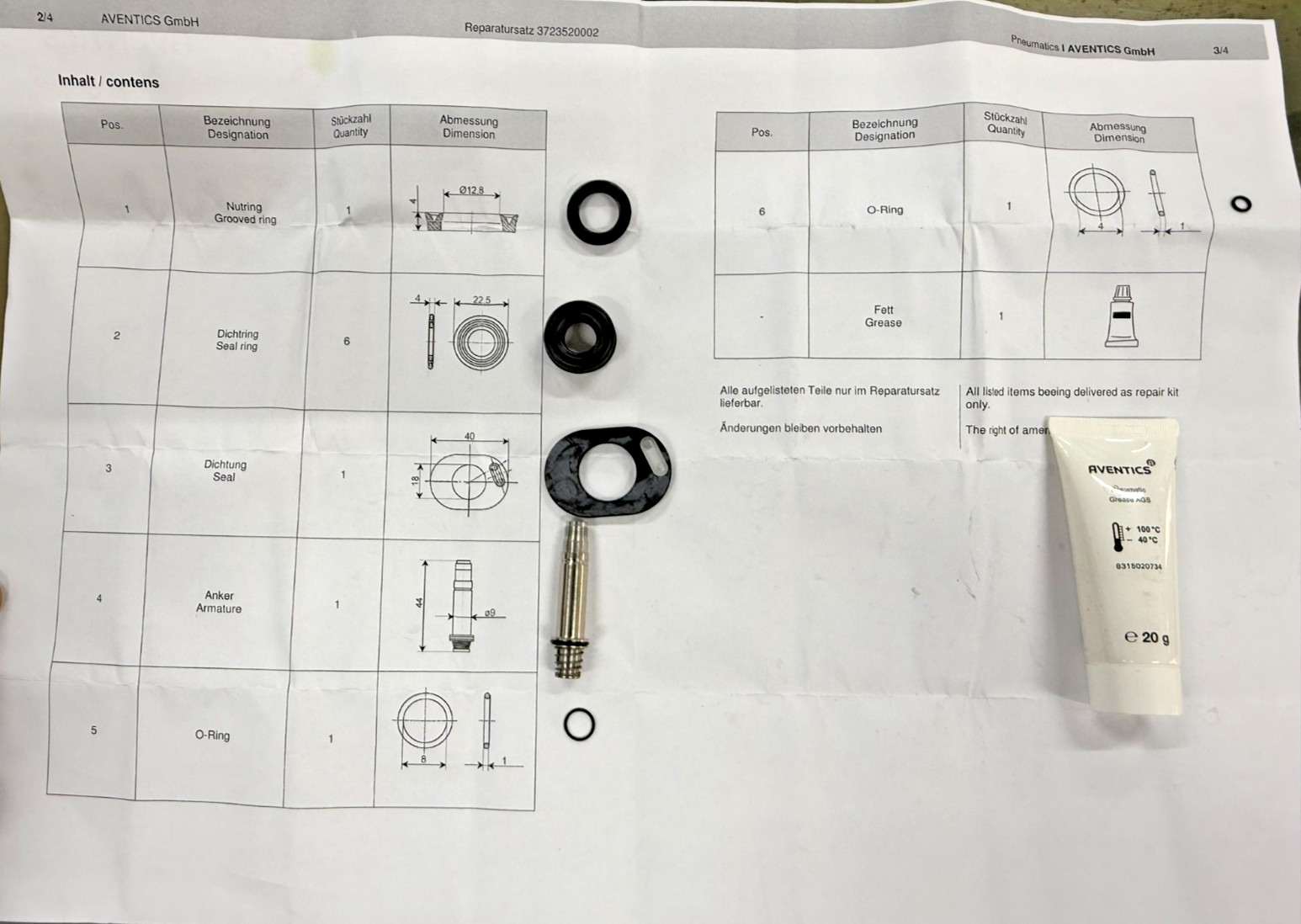3723520002 Aventics Pneumatic Valve Repair Kit