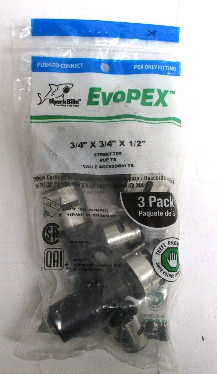 SHARKBITE, EVOPEX, K4483WP3 , 3/4″ X 3/4″ X 1/2″ STREET TEE , LOT OF 6 , SURPLUS