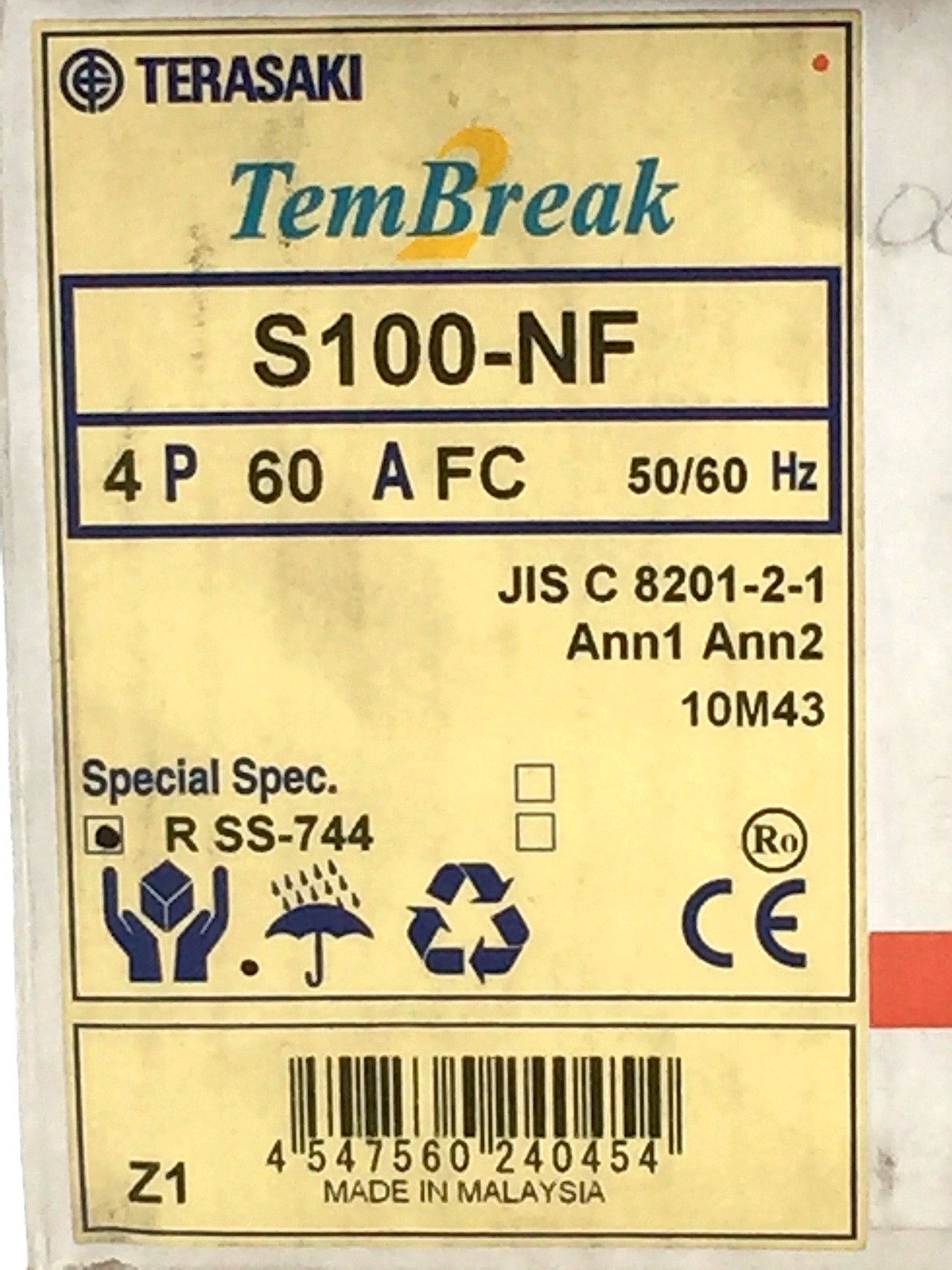 TERASAKI TemBreak S100-NF Circuit Breaker 60A FC 4P 30kA at 415V 24V DC Shunt Tr