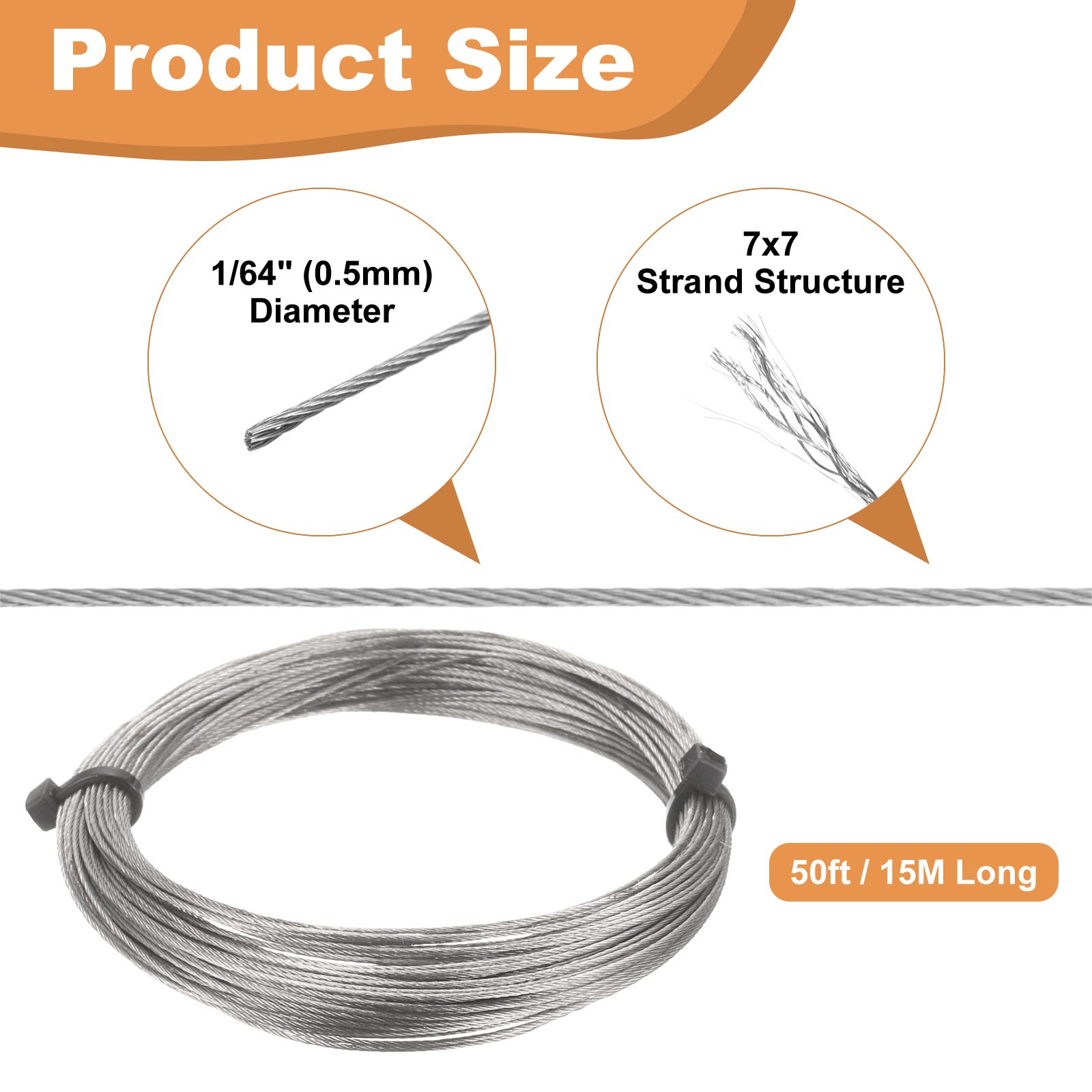 50ft (15M) 0.5mm Stainless Steel Wire Rope 7×7 Strand with 20pcs Loop Sleeves