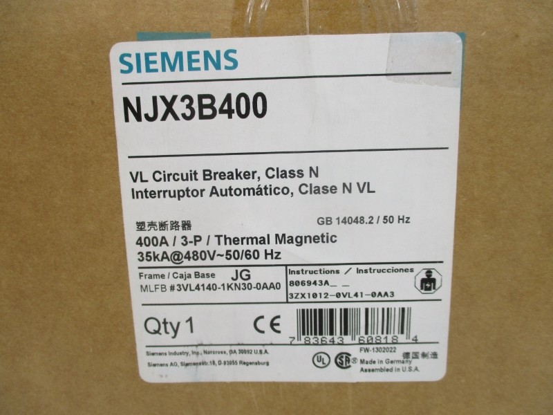 SIEMENS NJX3B400 3VL4140-1KN30-0AA0 480V 400A NSFS