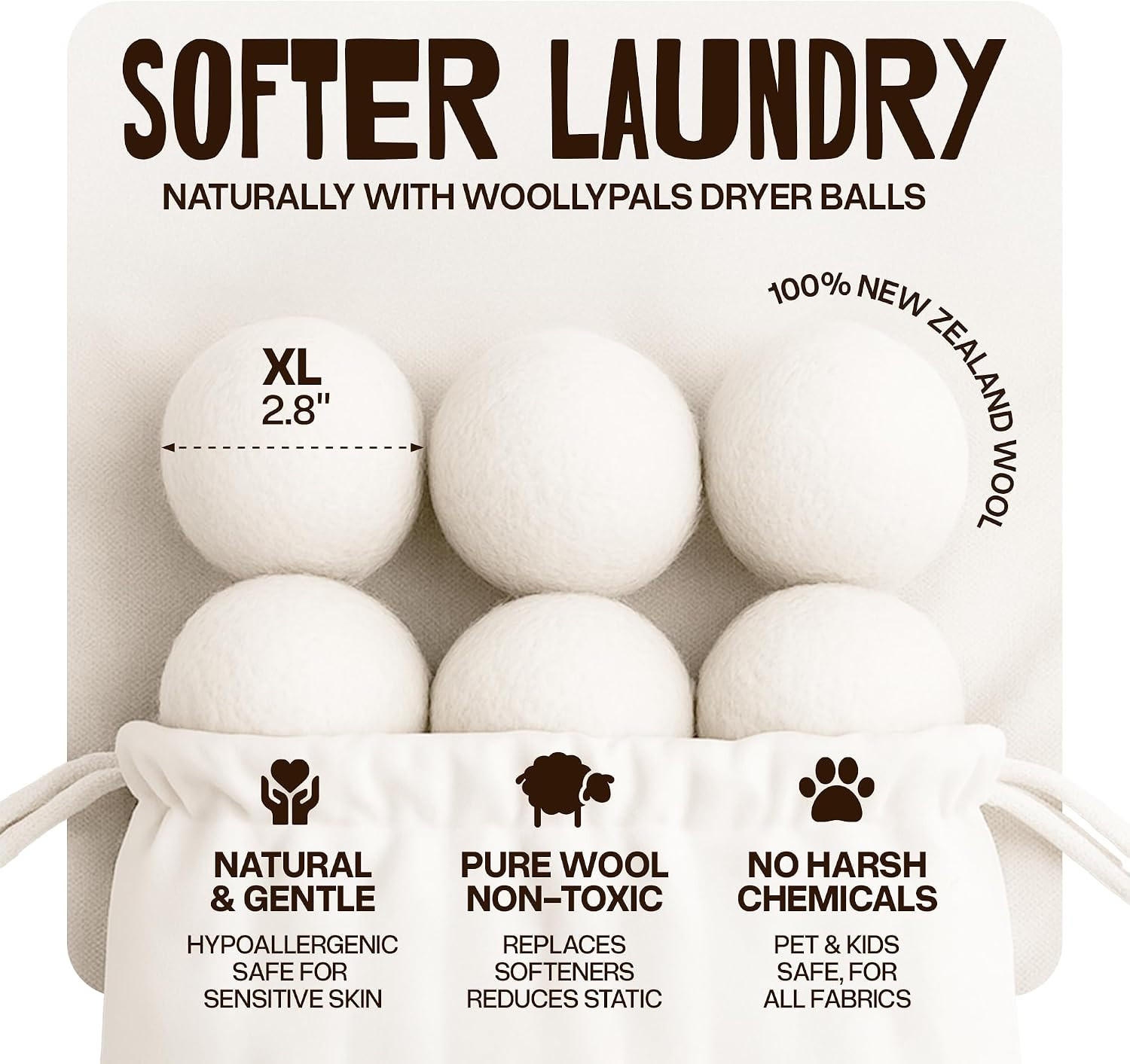 Woollypals Dryer Balls (6-Pack, XL Size) – 100% New Zealand Wool – No More Dryer