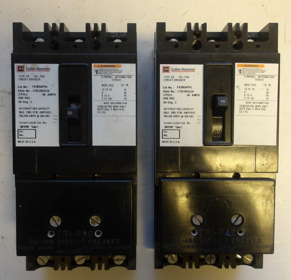 CUTLER HAMMER P/N: FB3050PVL 3POLE 600VAC 50AMPS TYPE FB TRI PAC ADDON