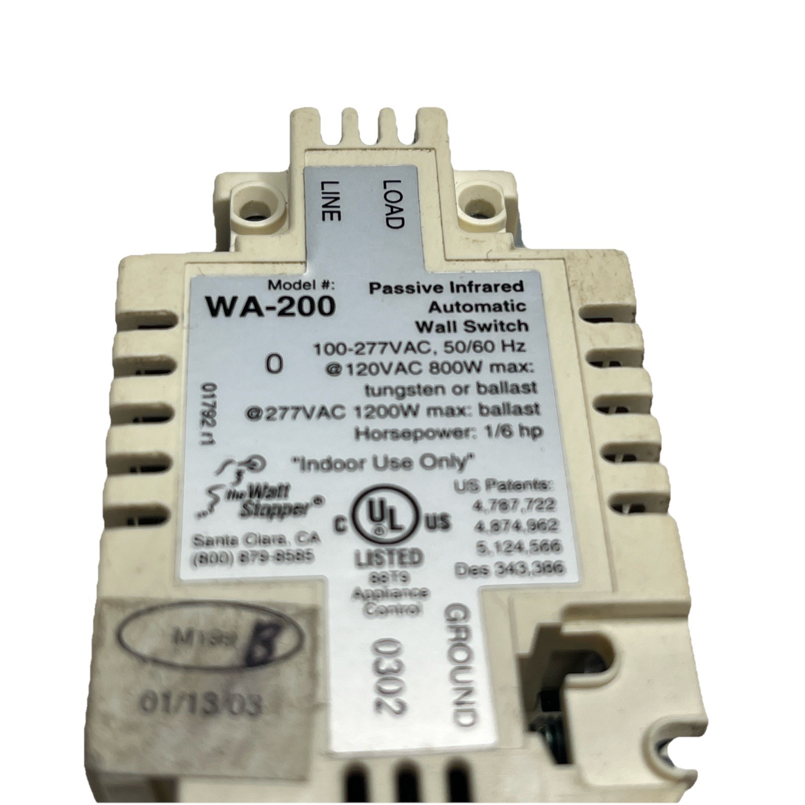 Watt Stopper WA-200-A Passive IR Automated Wall Switch 120-277 VAC 50/60 Hz