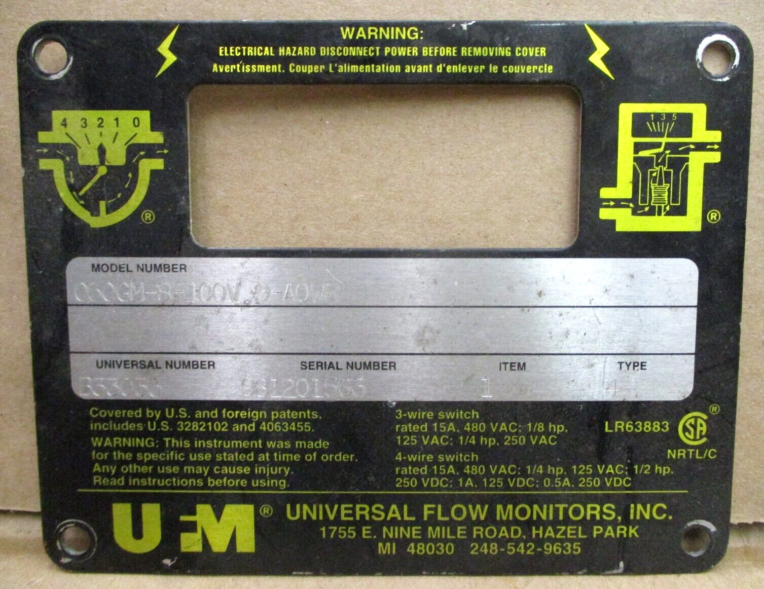 UFM Model No. 050GM-8-100V.9-AOWR Item 1 Type 4 A6739PA